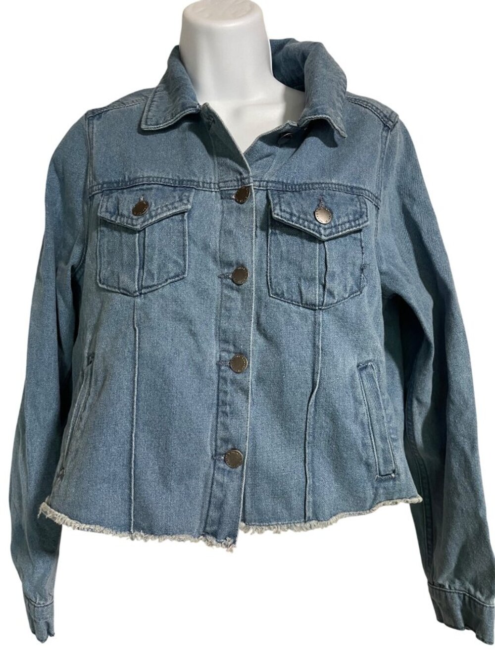 Velvet Heart Womens Blue Denim Cropped Jacket XS Distressed Hem Button Front